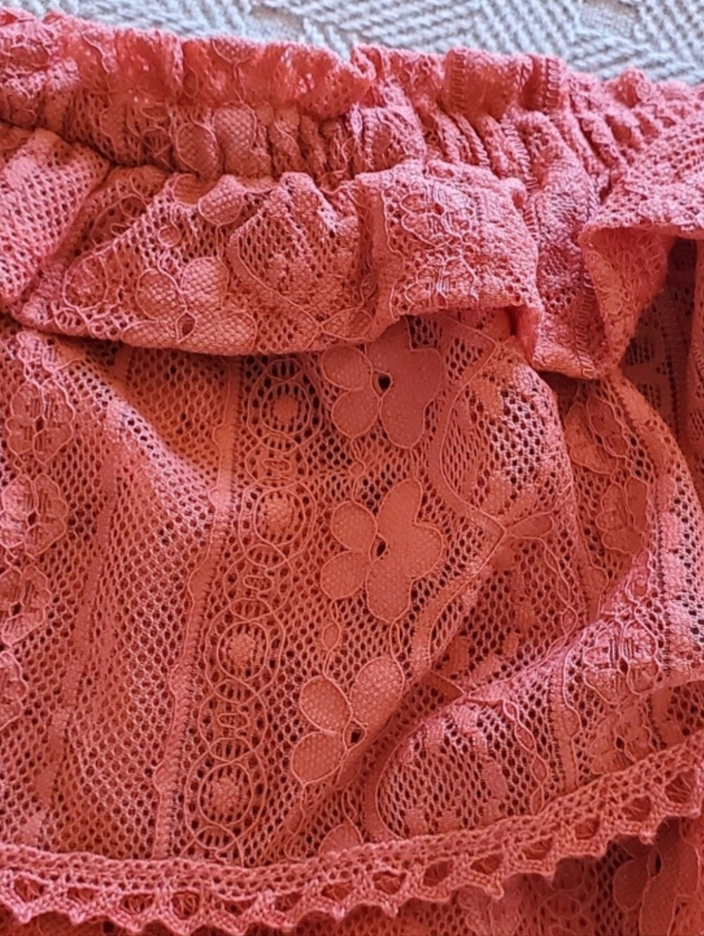 No Boundaries Boho Lace Off Shoulder Smocked Tassel Blouse Top Salmon - Picture 8 of 12